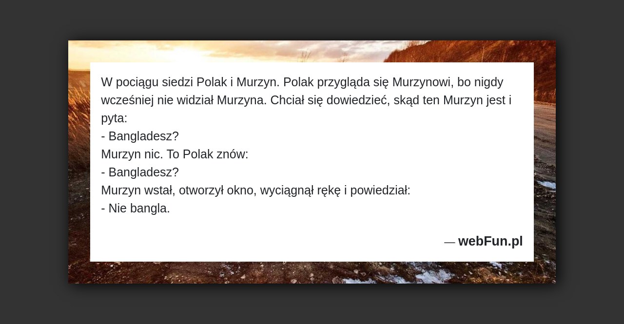 Dowcip: 940. W pociągu siedzi Polak i Murzyn. Polak przygląda się Murzynowi, bo nigdy wcześniej nie widział Murzyna. Chciał się dowiedzieć, skąd ten Murzyn...Read More... 